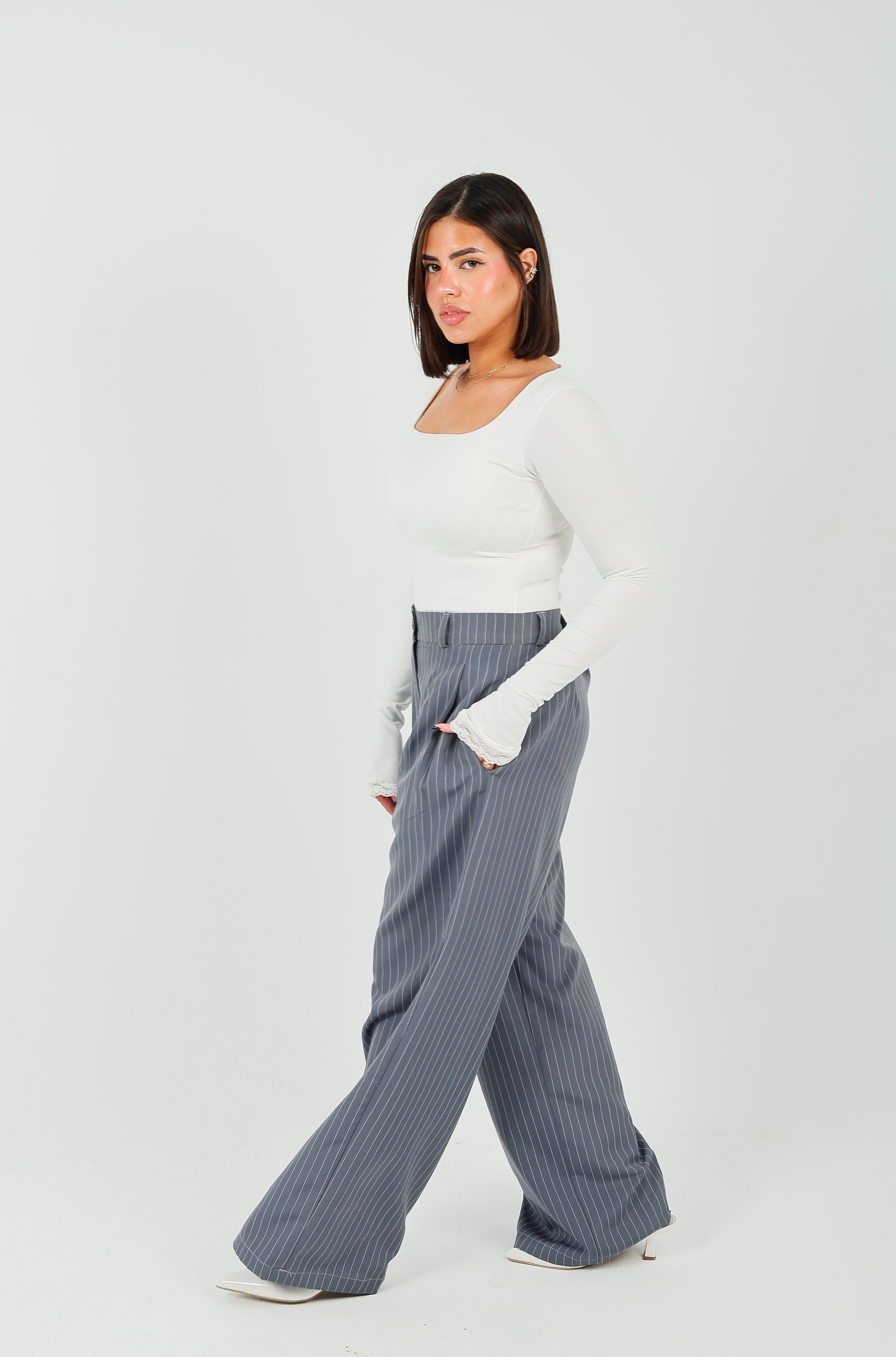 Pinstripe Wide-Leg Tailored Pants