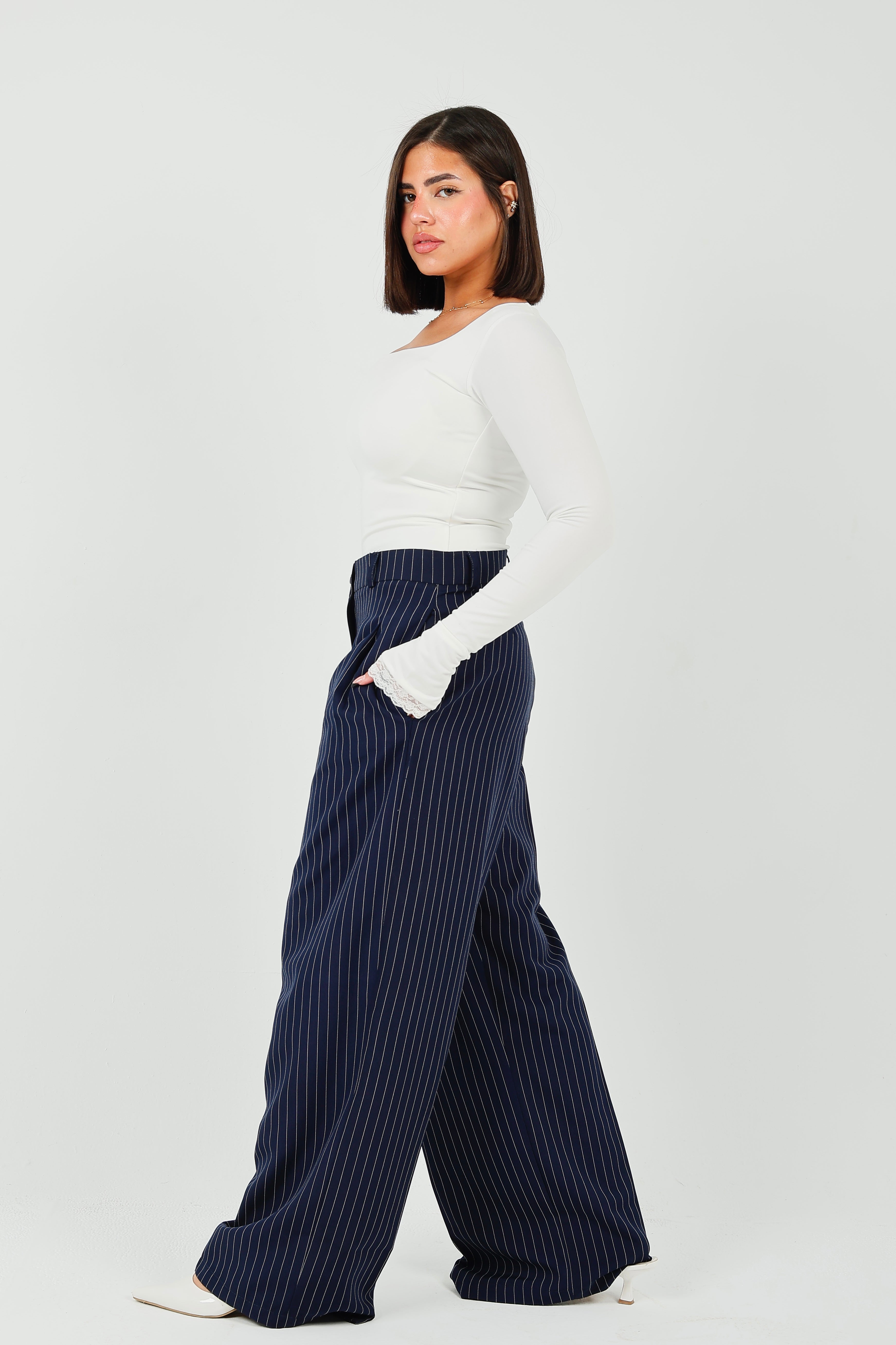 Pinstripe Wide-Leg Tailored Pants