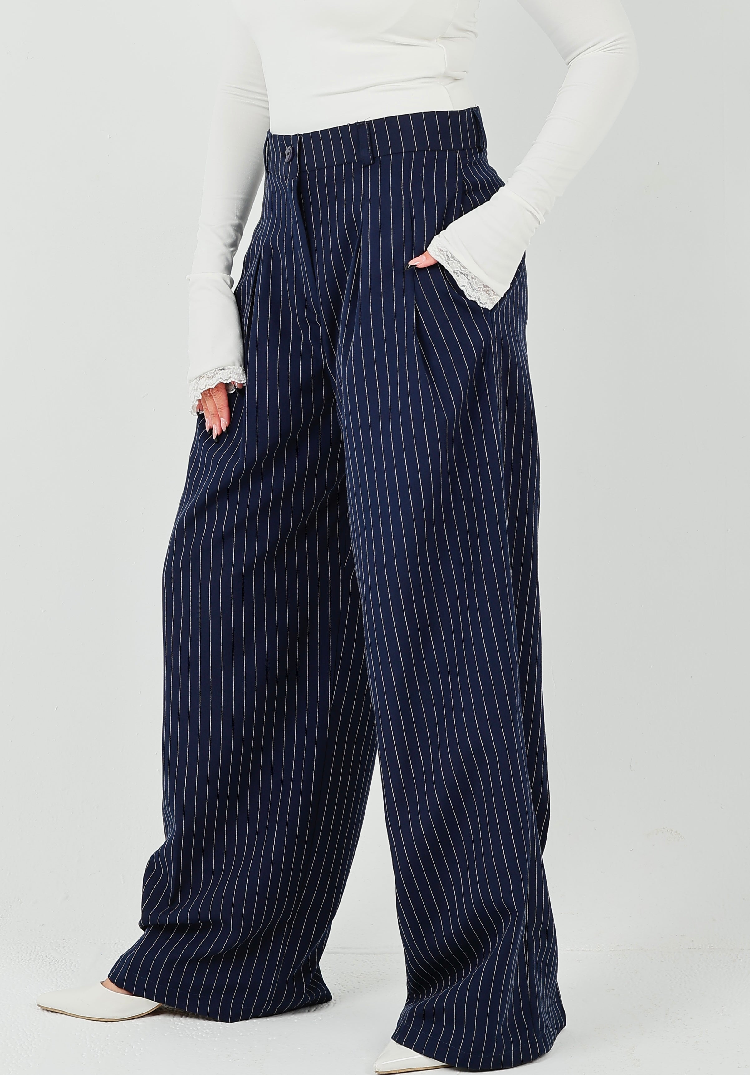 Pinstripe Wide-Leg Tailored Pants