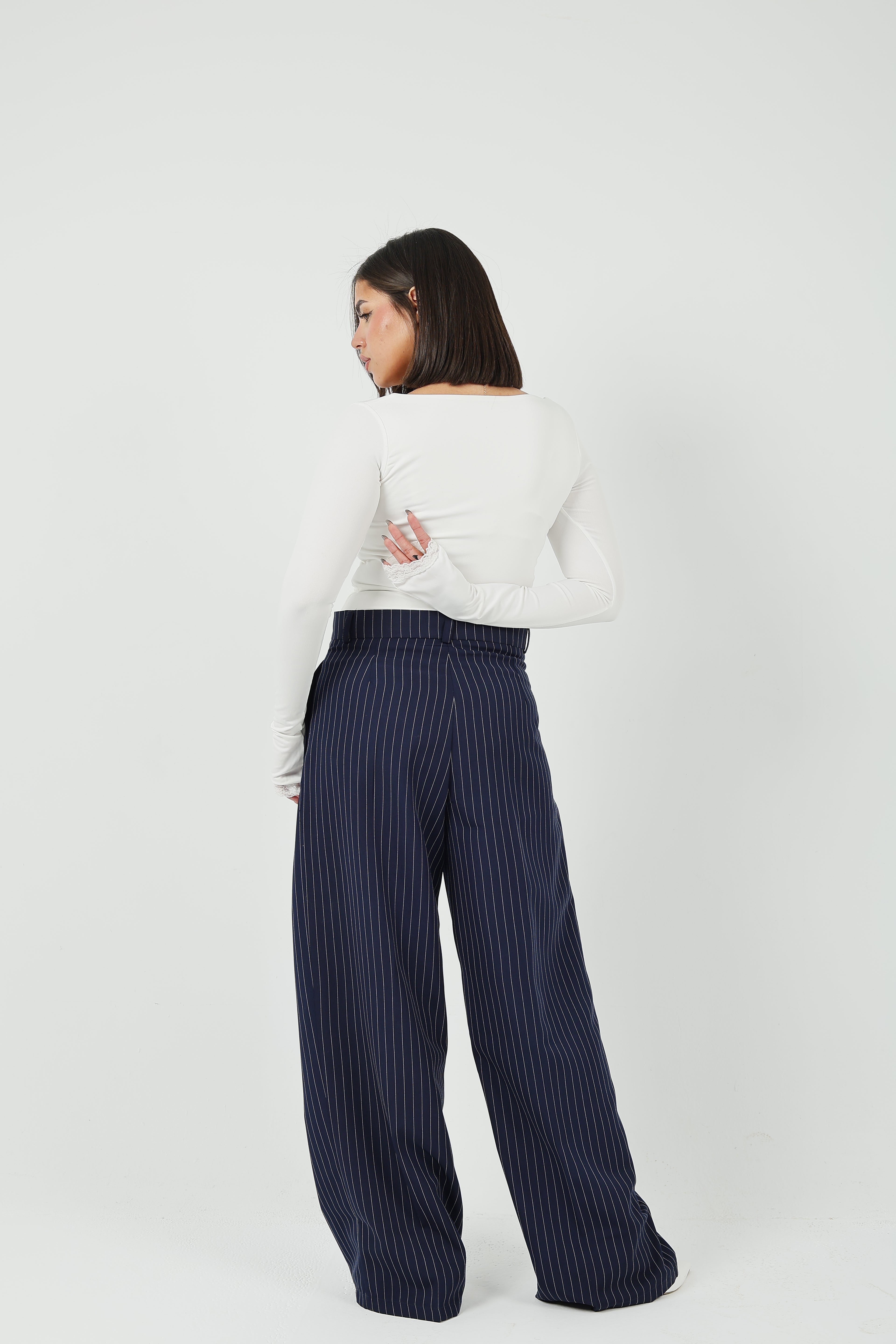 Pinstripe Wide-Leg Tailored Pants
