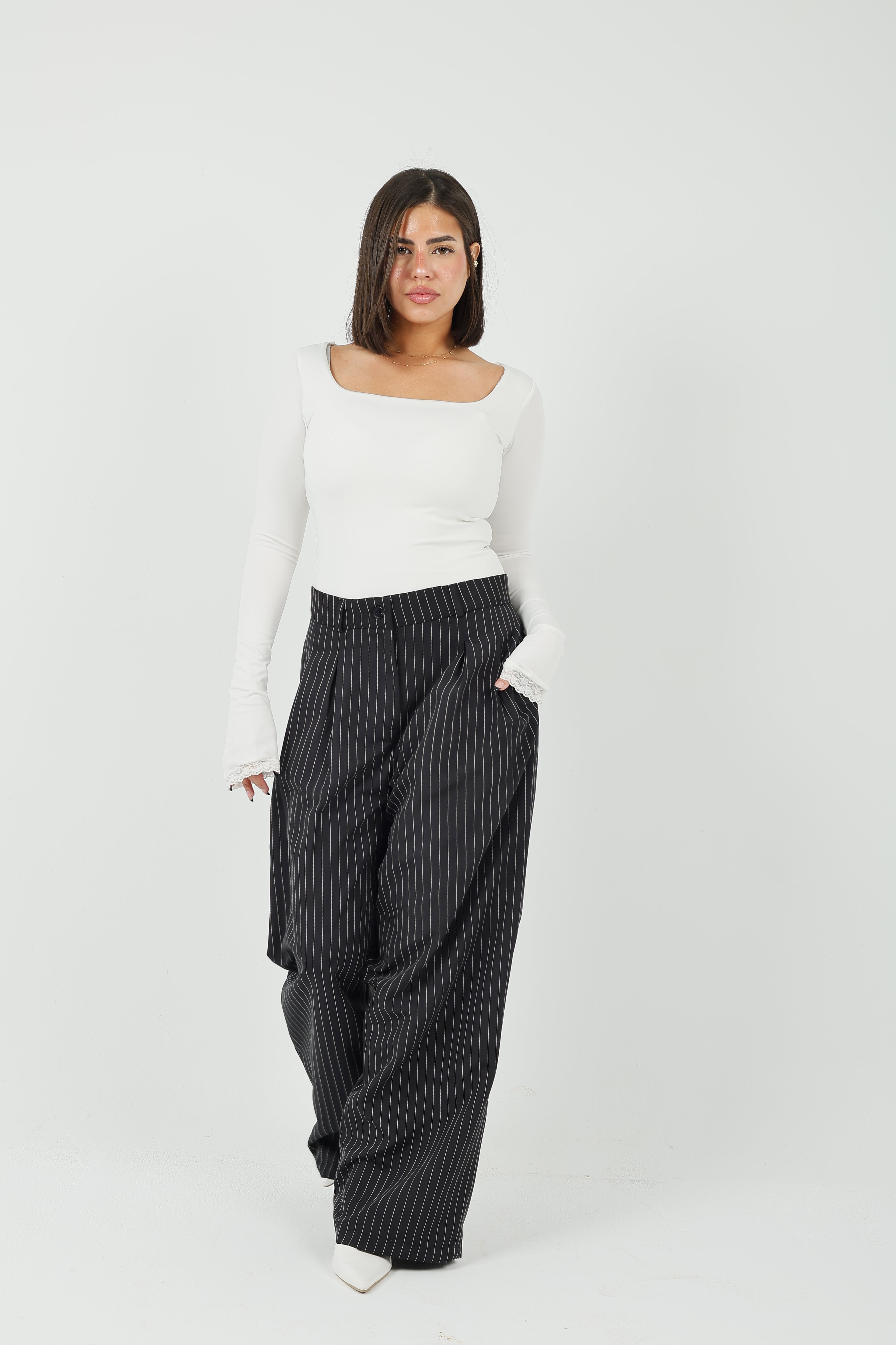 Pinstripe Wide-Leg Tailored Pants