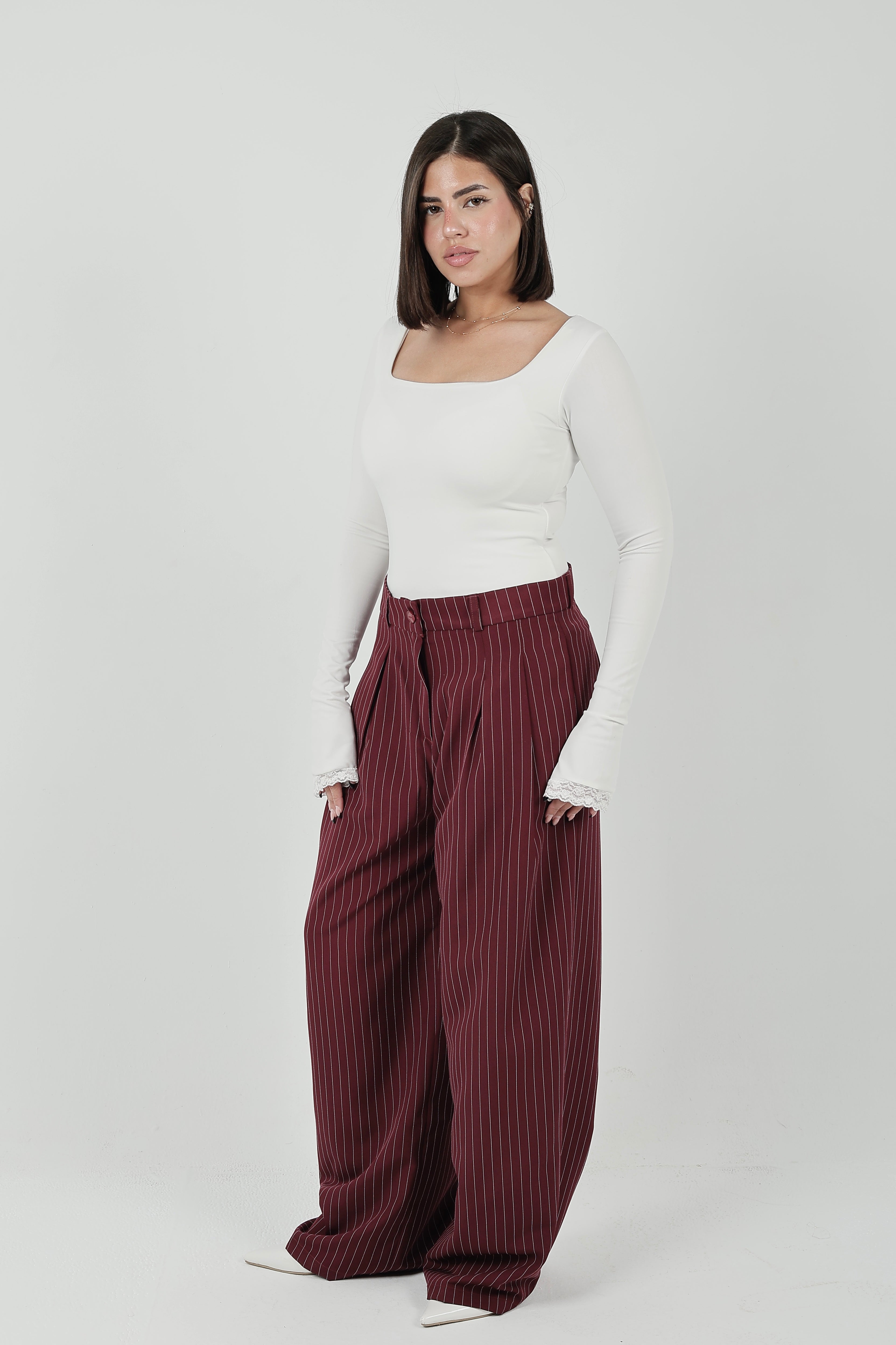 Pinstripe Wide-Leg Tailored Pants
