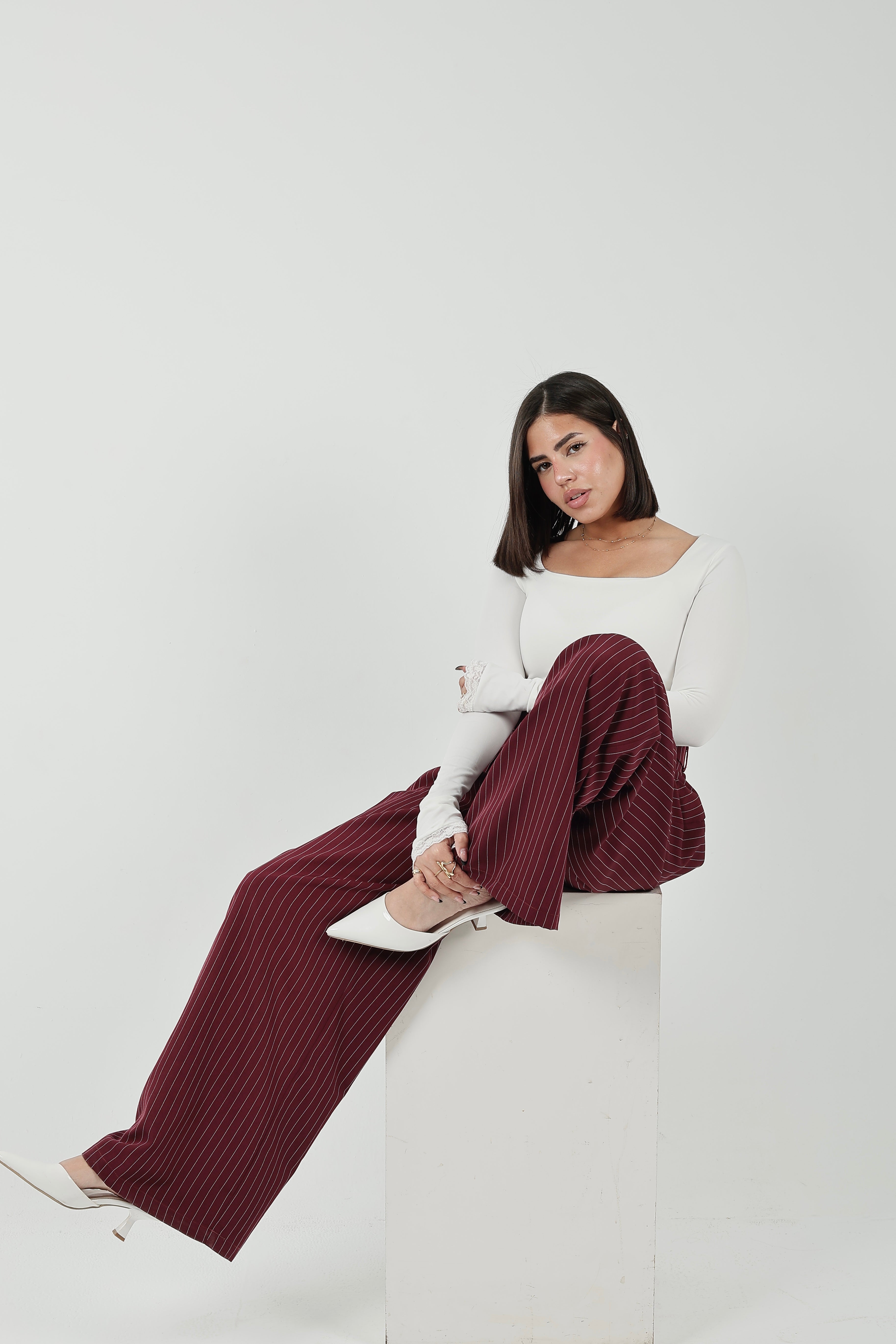 Pinstripe Wide-Leg Tailored Pants