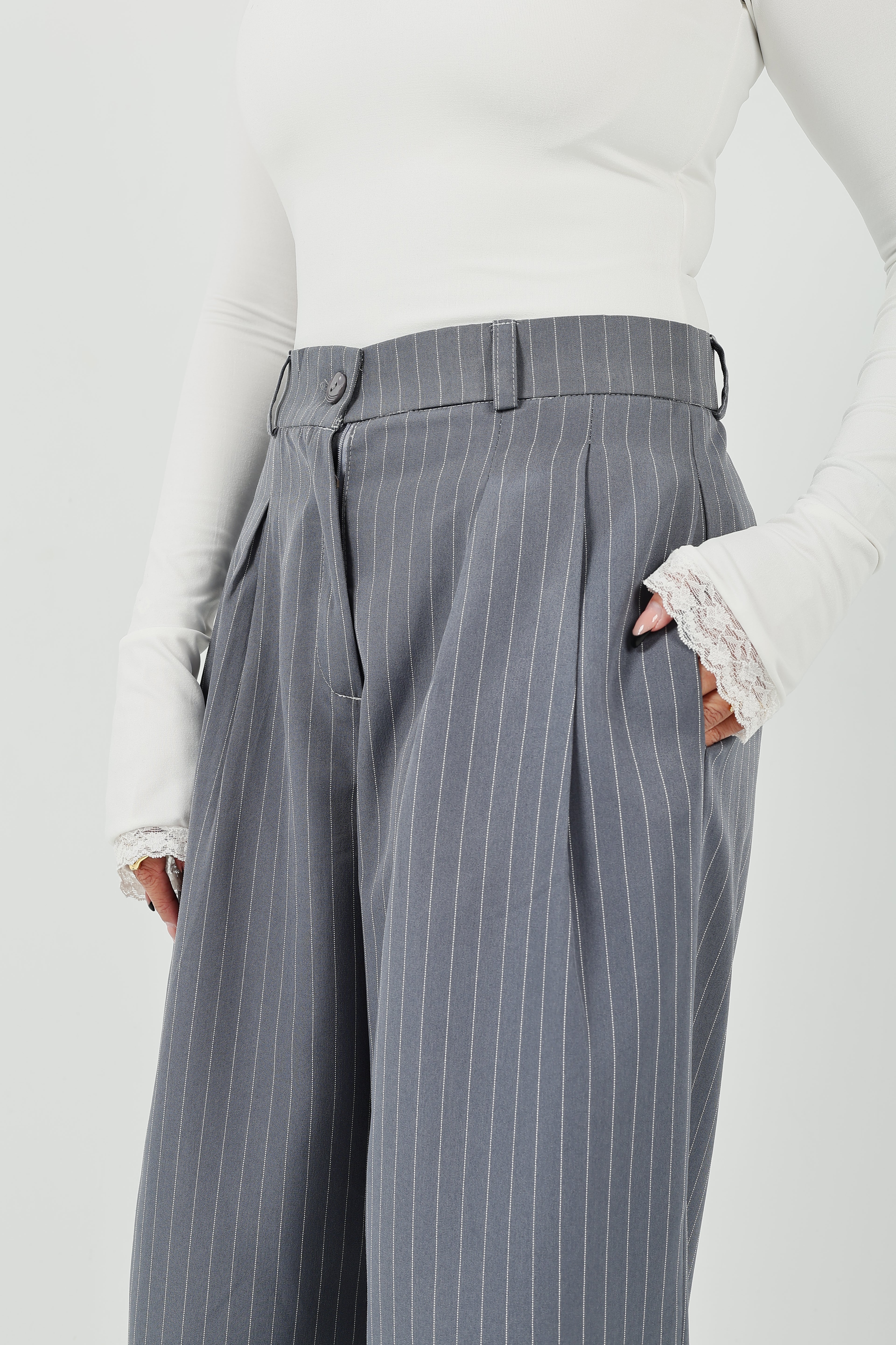 Pinstripe Wide-Leg Tailored Pants