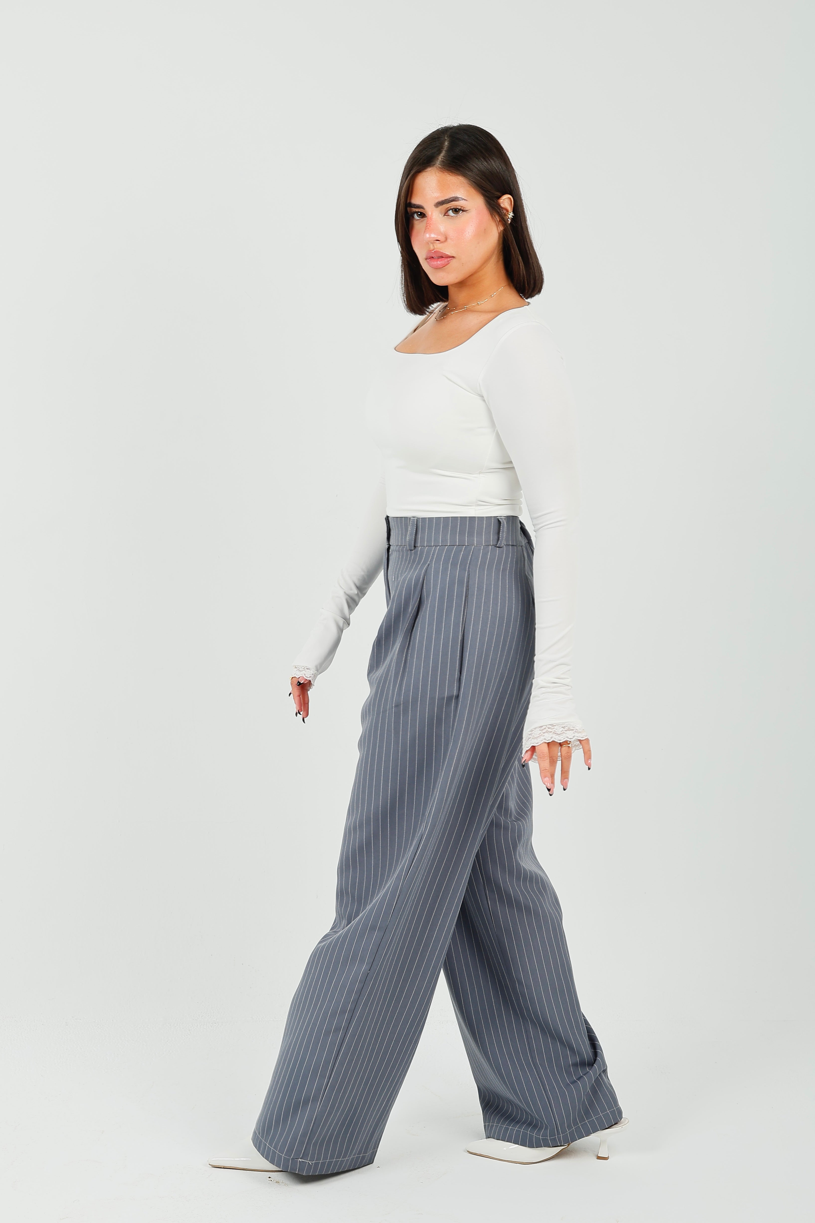 Pinstripe Wide-Leg Tailored Pants