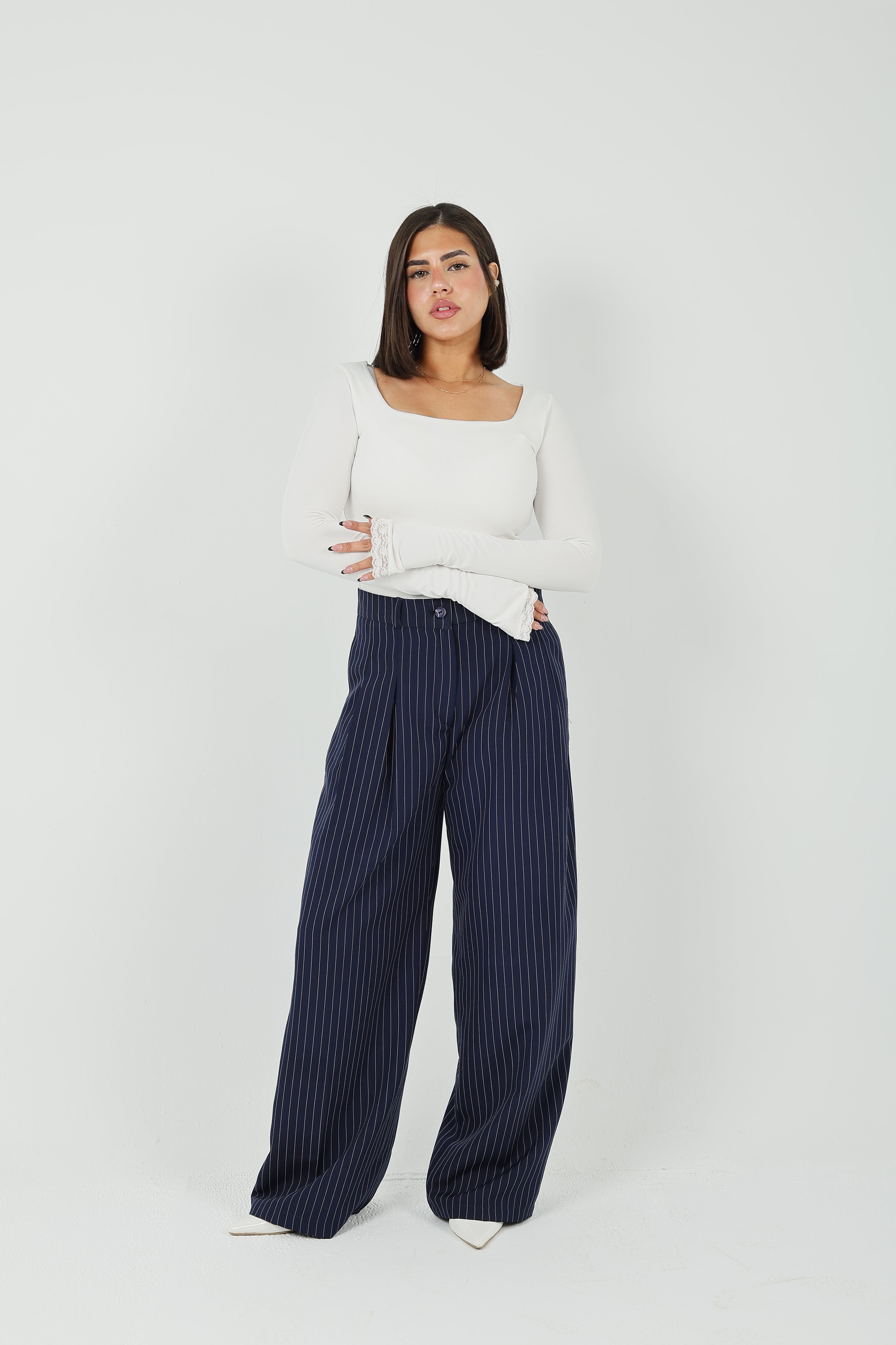 Pinstripe Wide-Leg Tailored Pants