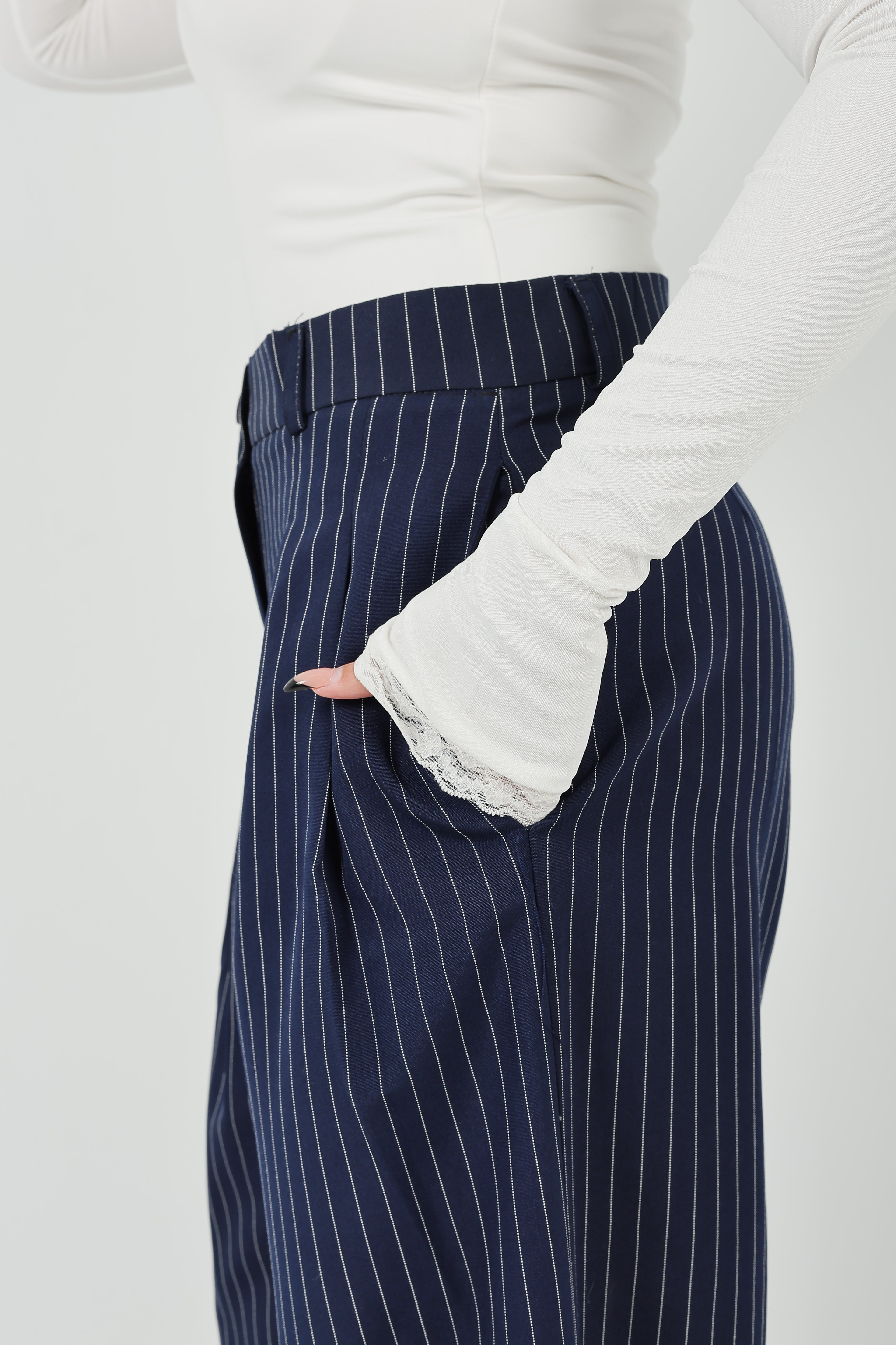 Pinstripe Wide-Leg Tailored Pants
