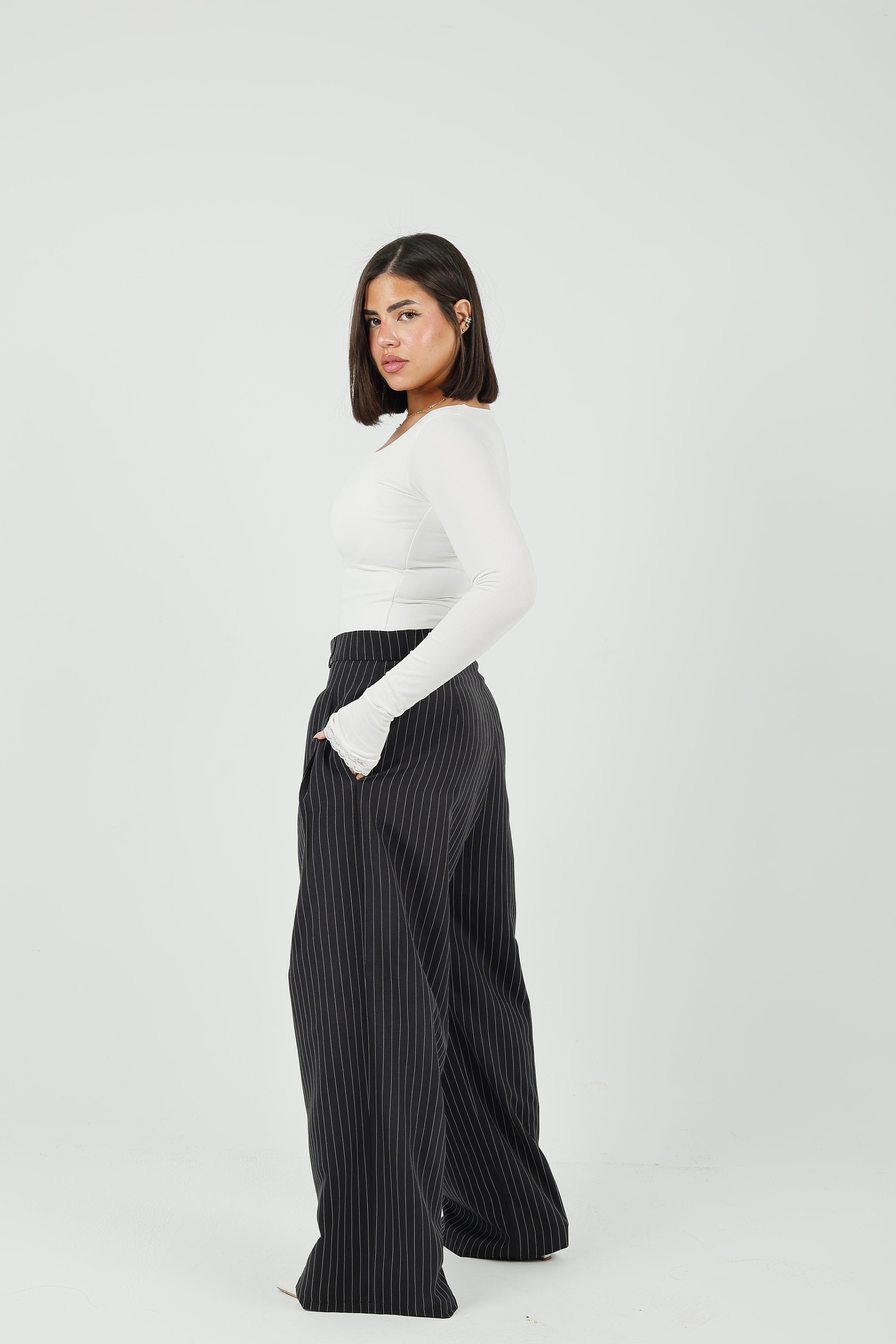 Pinstripe Wide-Leg Tailored Pants