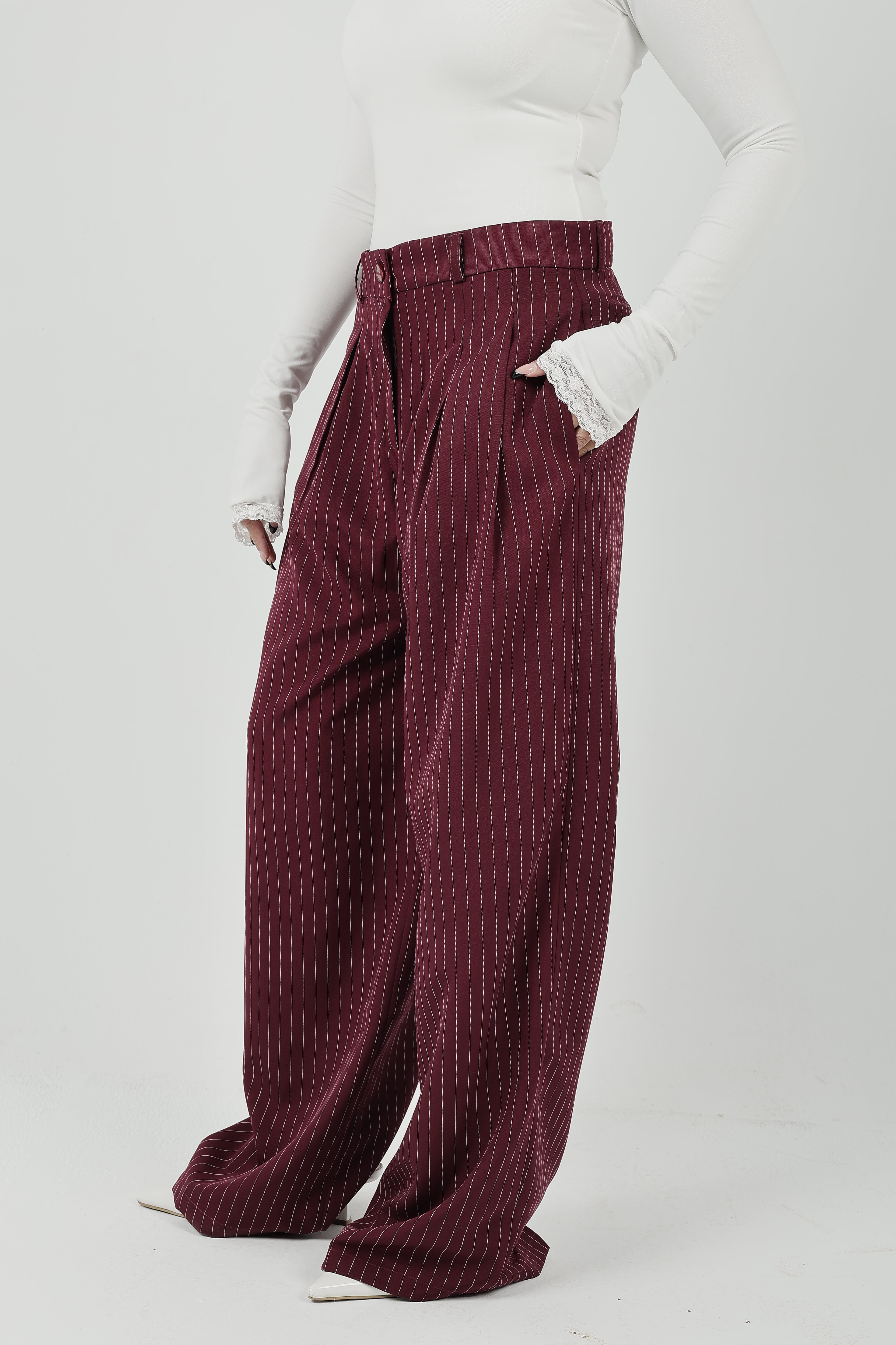 Pinstripe Wide-Leg Tailored Pants